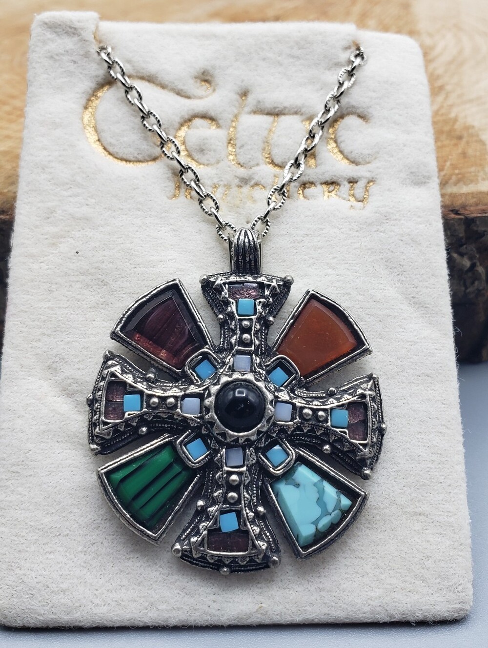 Celtic Cross Vintage Necklace - Silver w/ Multi Inlay Panels - Miracle Britain